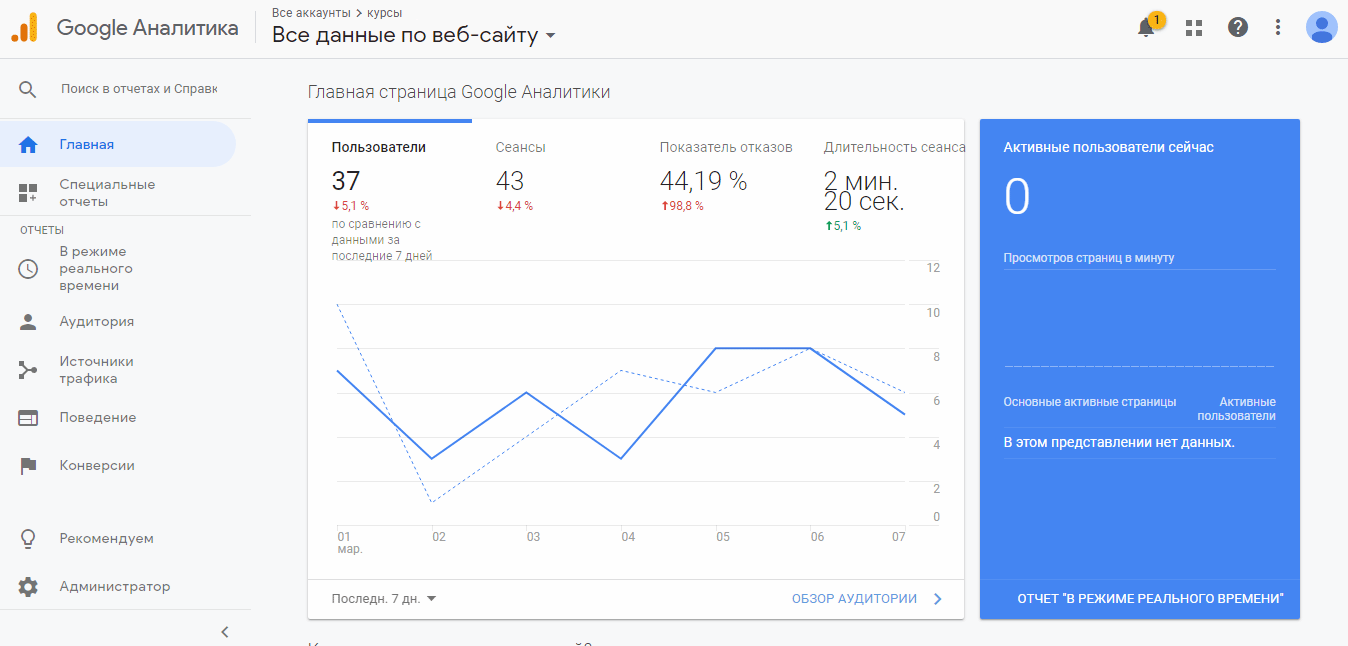 Страница сайта в Google Analytics